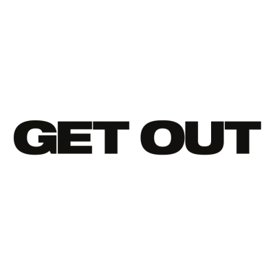 Texto preto em maiúsculas GET OUT sobre fundo branco