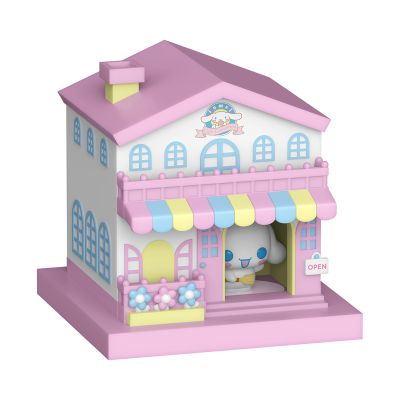 Miniatura de loja colorida com boneco dentro e placa OPEN