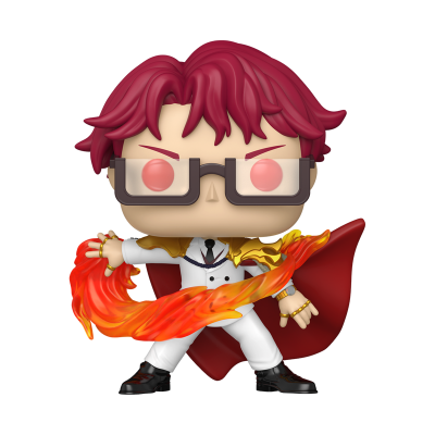 Figura colecionável tipo POP com cabelo vermelho, óculos grandes e fogo nas mãos