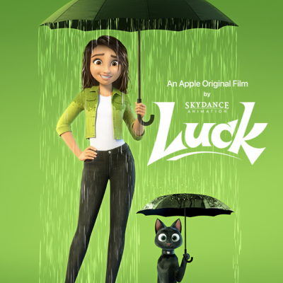 Personagem feminina animada e gato com guarda-chuvas pretos em fundo verde com texto do filme Luck