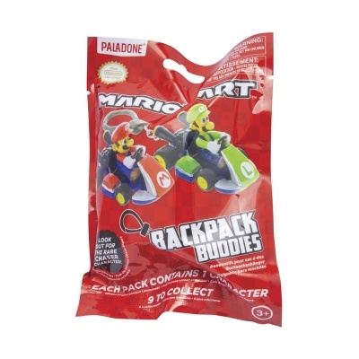 Pacote vermelho Mario Kart Backpack Buddies com figuras de Mario e Luigi em carrinhos