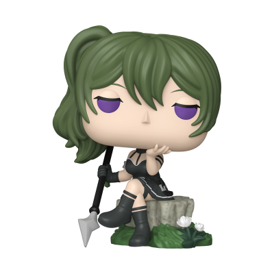 Funko Pop personagem feminina cabelo verde olhos roxos vestido e botas pretas sentada com lança e flores.