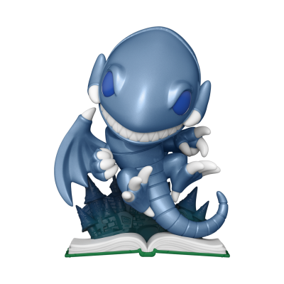 Boneco azul estilizado com asas sobre um livro aberto