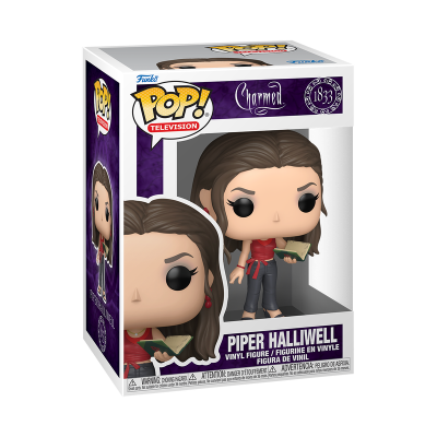Caixa Funko Pop! com figura de vinil Piper Halliwell da série Charmed, com blusa vermelha e livro