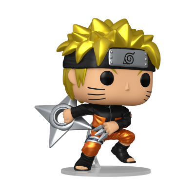 Figura Funko Pop de Naruto com roupas preta e laranja segurando shuriken