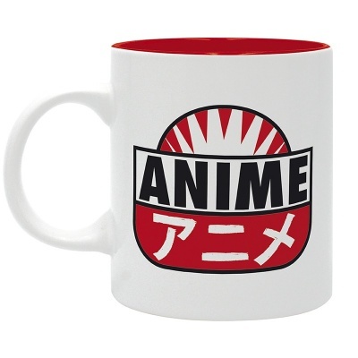 Caneca branca e vermelha com texto ANIME e caracteres japoneses.