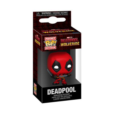 Chaveiro Pocket Pop do Deadpool dentro de embalagem preta e vermelha com texto em inglês.
