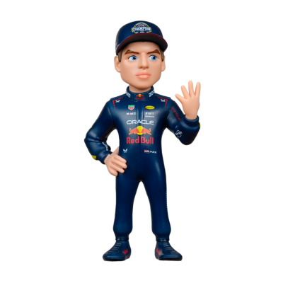 Boneco piloto de corrida com fato azul e boné com texto CHAMPION