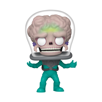 Boneco Funko Pop com cérebro exposto e fato espacial verde água
