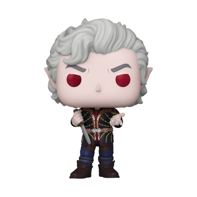 Figura colecionável Funko Pop com cabelo branco e roupa preta e vermelha