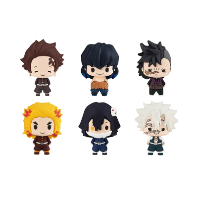 Seis figuras chibi de personagens anime coloridas em fundo branco.