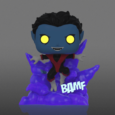 Figura Funko Pop de Nightcrawler com base de fumaça roxa e texto BAMF