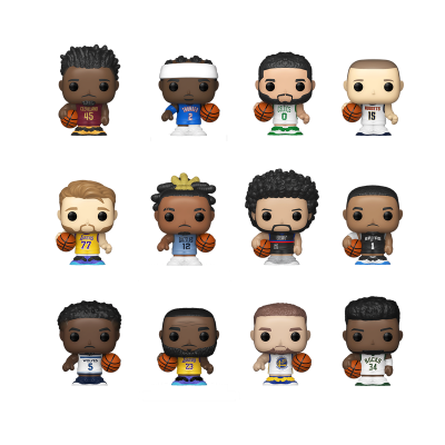 Doze bonecos colecionáveis estilo Funko Pop de jogadores de basquetebol com bolas e uniformes coloridos
