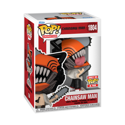 Figura Pop! Animation Chainsaw Man de vinil com capacete laranja e corrente dentro de caixa
