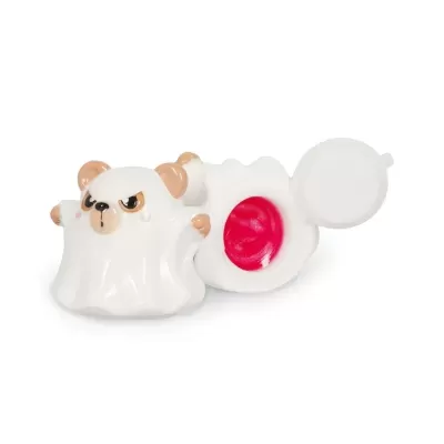 Porta-bálsamo labial fantasma branco com orelhas castanhas e bálsamo rosa aberto