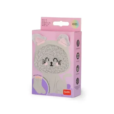 Caixa rosa e lilás com meias de criança antiderrapantes com desenho de gato cinzento com detalhes cor-de-rosa