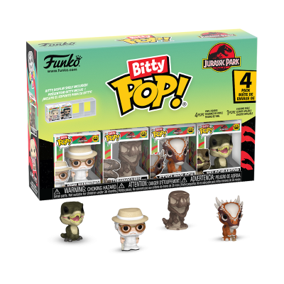 Conjunto Funko Bitty Pop Jurassic Park com quatro figuras em vinil dentro da caixa