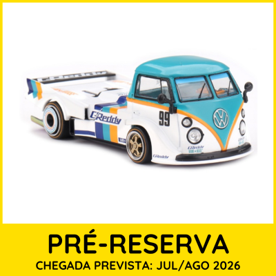 Miniatura de carrinha Volkswagen desportiva azul, branca e laranja com o número 99 e detalhes GReddy
