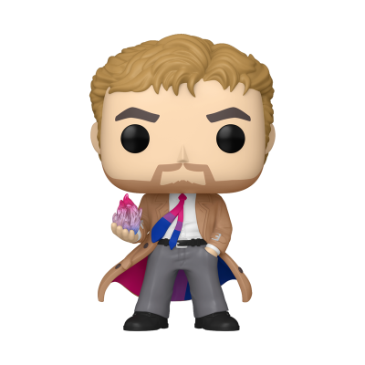 Figura Funko Pop masculina com casaco castanho e chama rosa e roxa na mão