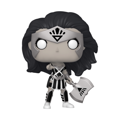 Funko Pop de personagem com cabelo preto e armadura prateada com padrão preto segurando machado.