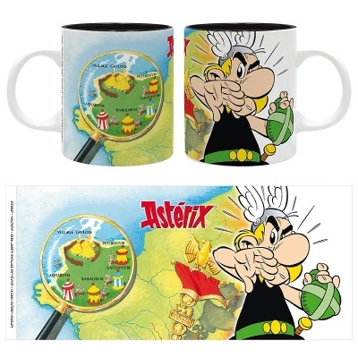 Caneca branca e preta com ilustração colorida de Astérix e mapa da Gália com texto 'Astérix'.
