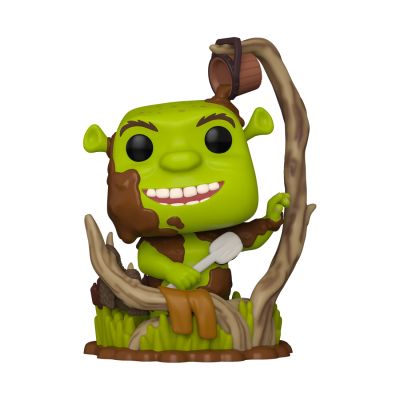 Figura colecionável Funko Pop de Shrek verde com lama, segurando colher e sentado em cenário de madeira e relva.