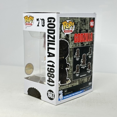 Caixa Funko Pop de Godzilla 1954 com janela transparente e texto colorido