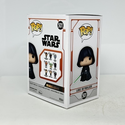 Caixa do Funko POP! Star Wars Luke Skywalker, número 501, com personagem de capa e sabre de luz