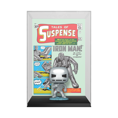 Funko Pop Homem de Ferro prateado com base azul em suporte transparente com capa da revista Tales of Suspense ao fundo