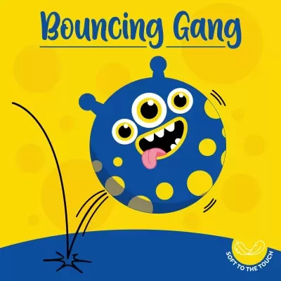 Brinquedo redondo azul com manchas amarelas e três olhos, texto Bouncing Gang