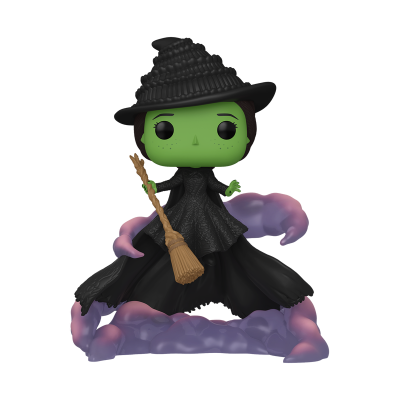 Figura Funko Pop de uma bruxa verde com vestido e chapéu pretos, segurando vassoura, com fumaça cor de rosa e roxo.