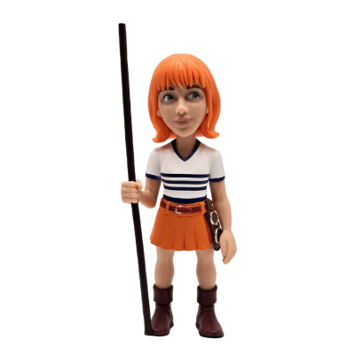 Boneco feminino com bastão, roupa laranja e branca, cabelo laranja