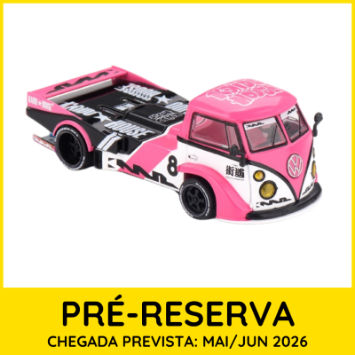 Miniatura carrinha Volkswagen rosa, branco e preto com logos e número 8