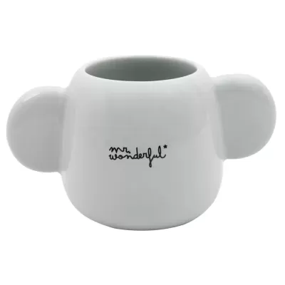 Caneca de cerâmica branca com alças redondas e texto mr. wonderful