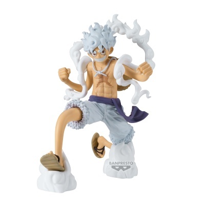 Figura colecionável de personagem de anime com cabelo branco e roupas cinza e roxas em pose dinâmica
