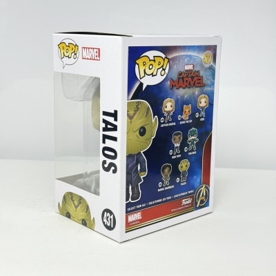 Caixa branca Funko Pop Talos Marvel nº 431 com janela transparente e texto visível