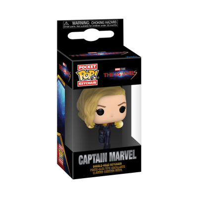Figura Funko Pop! chaveiro Captain Marvel na embalagem preta com janelas transparentes