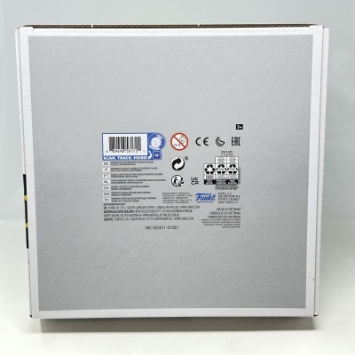 Caixa de produto cinza com várias informações e símbolos de reciclagem