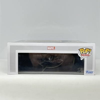 Caixa branca e cinzenta com janela transparente e marcas Marvel, POP! Albums, Funko