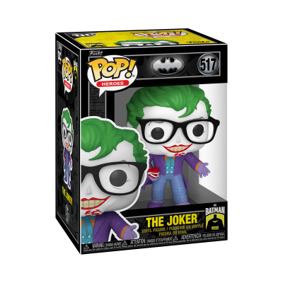 Figura Funko Pop! The Joker com cabelo verde e óculos em embalagem preta e amarela