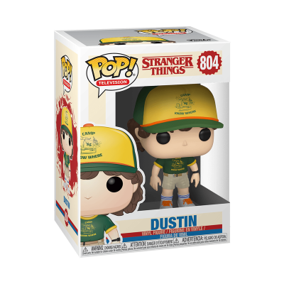 Figura Pop! Stranger Things Dustin com boné amarelo e verde em caixa branca