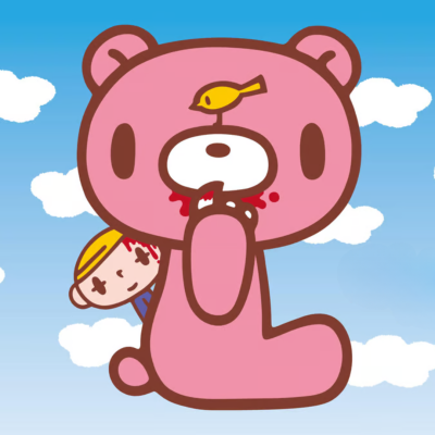 Desenho de um urso cor-de-rosa com um bico amarelo no nariz e um boneco atrás, céu azul com nuvens