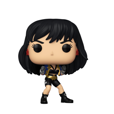 Figura Funko Pop feminina com roupa de luta preta e amarelo e cabelo preto