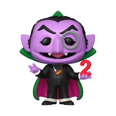 Figura Funko Pop de vampiro roxo com monóculo a segurar número 2 vermelho