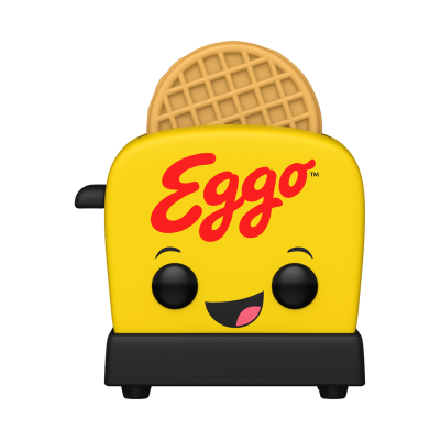 Torradeira amarela com texto Eggo e rosto sorridente, waffle castanha saindo de cima