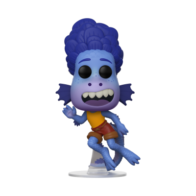Figura Funko Pop azul com cabelo roxo e roupa colorida em base branca