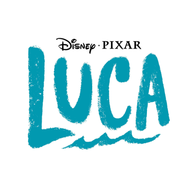 Logótipo do filme LUCA da Disney e Pixar em azul e preto sobre fundo branco