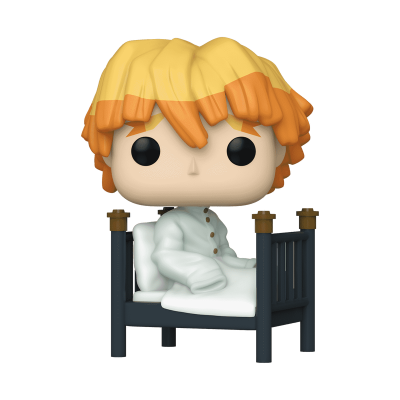 Figura Funko Pop em pijama branca sentada numa cama preta.