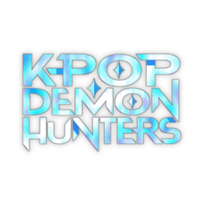Logótipo azul iridescente com texto K-POP DEMON HUNTERS
