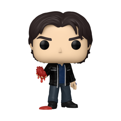 Boneco Funko Pop com casaco preto segurando um coração vermelho detalhado